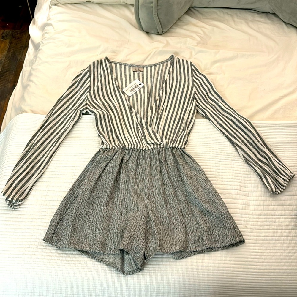 LIV Los Angeles Grey Striped Long Sleeve Romper